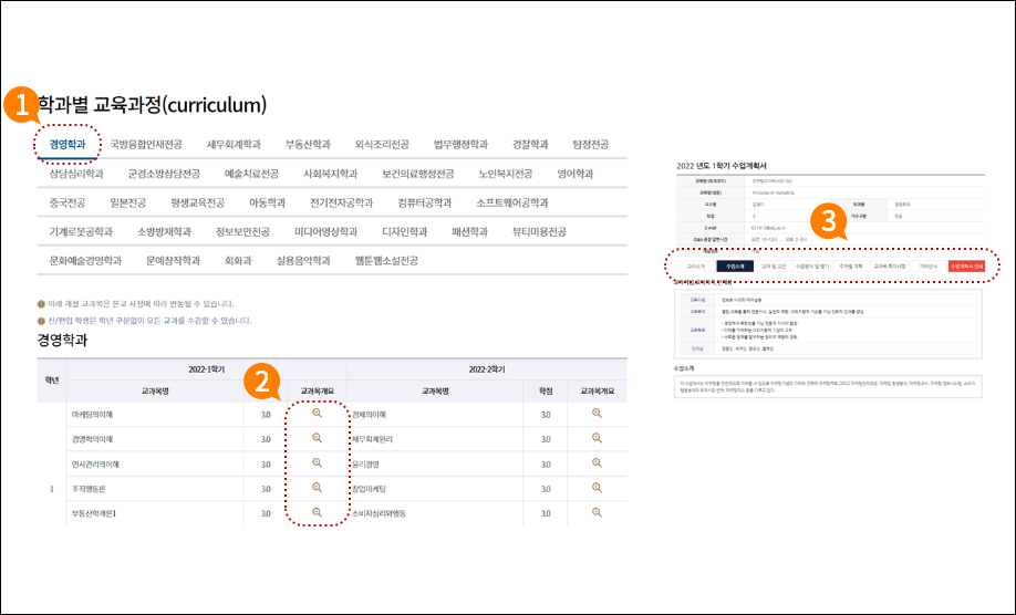 2. 관심학과의 교과목 개요 클릭 