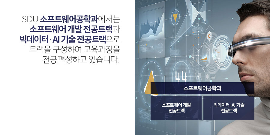 
            SDU 소프트웨어공학과에서는 소프트웨어 개발 전공트랙과 빅데이터,AI기술 전공트랙으로 전공트랙을 구성하여 교육과정을 편성하고 있습니다. 