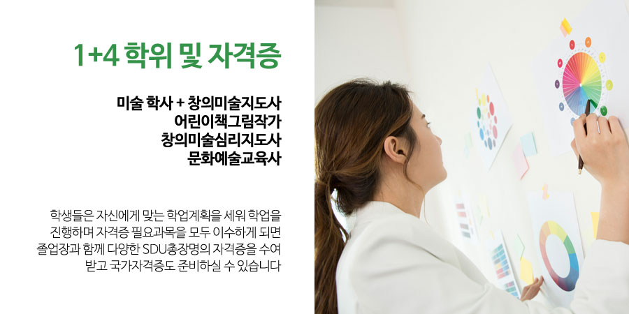 1+4 학위 및 자격증미술 학사 + 창의미술지도사어린이책그림작가창의미술심리지도사문화예술교육사학생들은 자신에게 맞는 학업계획을 세워 학업을 진행하며 자격증 필요과목을 모두 이수하게 되면 졸업장과 함께 다양한 SDU총장명의 자격증을 수여 받고 국가자격증도 준비하실 수 있습니다