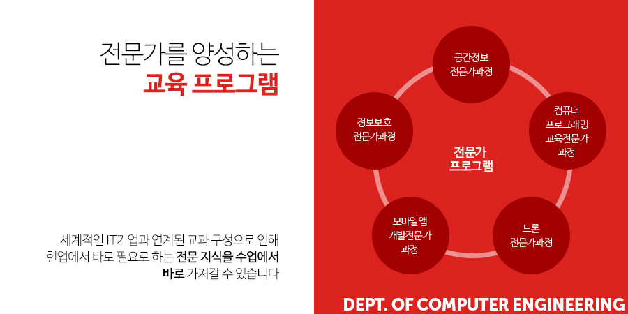 전문가를 양성하는 교육 프로그램 - 세계적인 IT기업과 연계된 교과 구성으로 인해 현업에서 바로 필요로 하는 전문 지식을 수업에서 바로 가져갈 수 있습니다.
									전문가프로그램은 공간정보전문가과정, 컴퓨터프로그래밍교육전문가과정, 모바일앱개발전문가과정, 정보보호전문가과정, 드론전문가과정으로 구성됩니다.