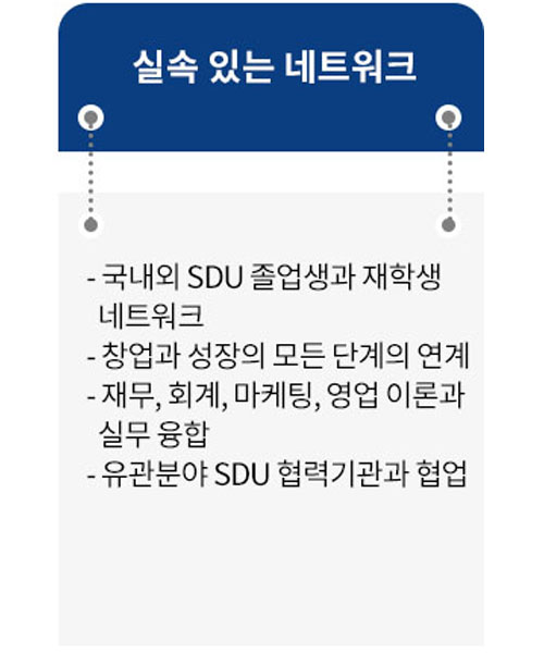 실속 있는 네트워크(국내외 SDU 졸업생과 재학생 네트워크 / 창업과 성장의 모든 단계의 연계 / 재무, 회계, 마케팅, 영업 이론과 실무 융합 / 유관분야 SDU 협력기관과 협업)