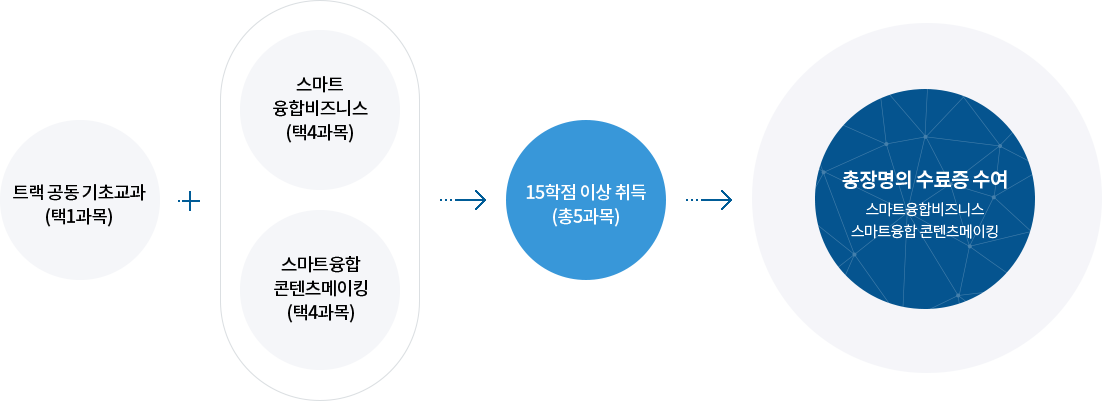 트랙 공동 기초교과(택1과목) + 스마트융합비즈니스(택4과목)/스마트융합 콘텐츠메이킹(택4과목)15학점 이상 취득 (총5과목)총장명의 수료증 수여(스마트융합비즈니스 / 스마트융합 콘텐츠메이킹)